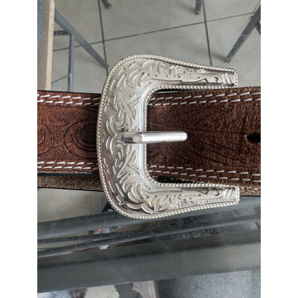 VTG Mens Western Leather Belt Size 38 Brown Tooled Full Grain USA Silver Buckle